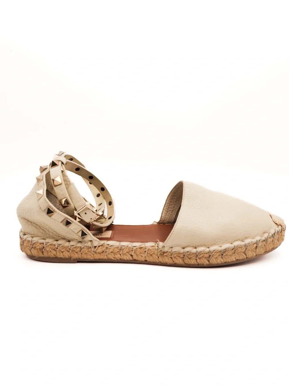 Valentino Garavani Rockstud Ivory Leather Espadrille Ankle Strap Flats EU 39
